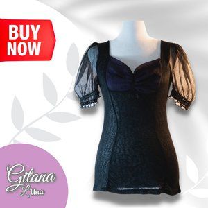 Neo-Victorian and Romantic Gothic women`s black and purple short-sleeved top